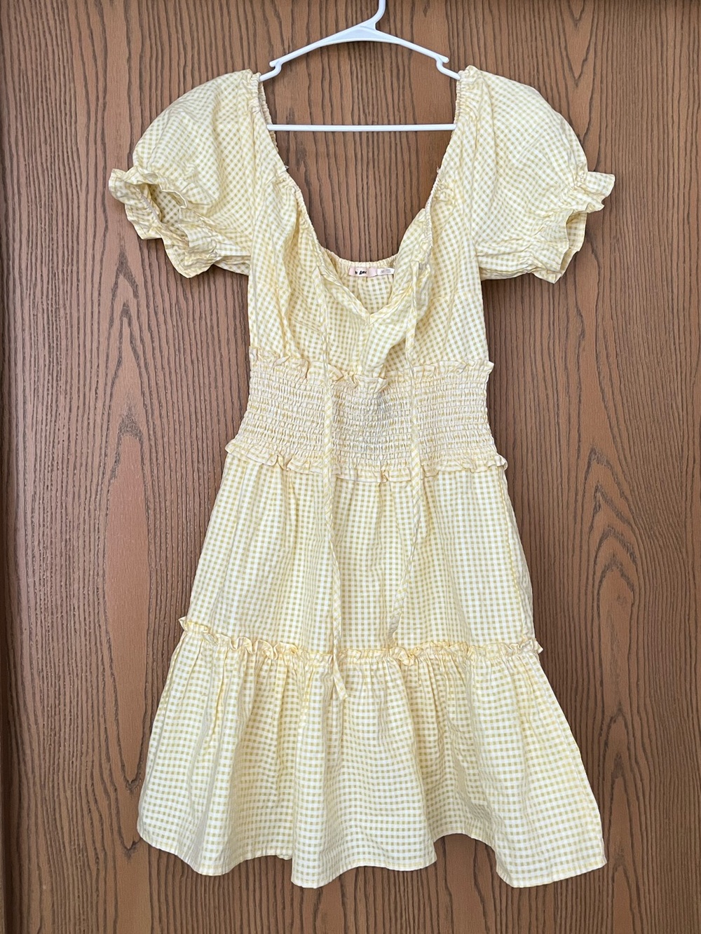 Women’s Yellow gingham mini babydoll dress Mi Ami with ruffles puffy sleeves